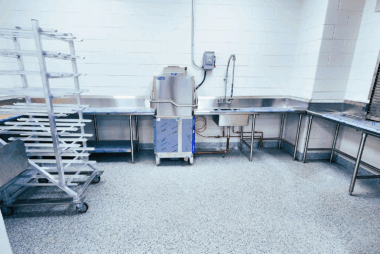Commercial kitchen with stainless steel equipment