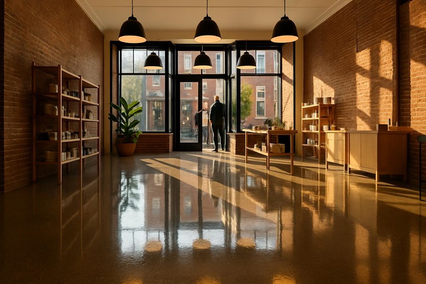 Polished concrete floor in commercial interior, Doylestown, PA