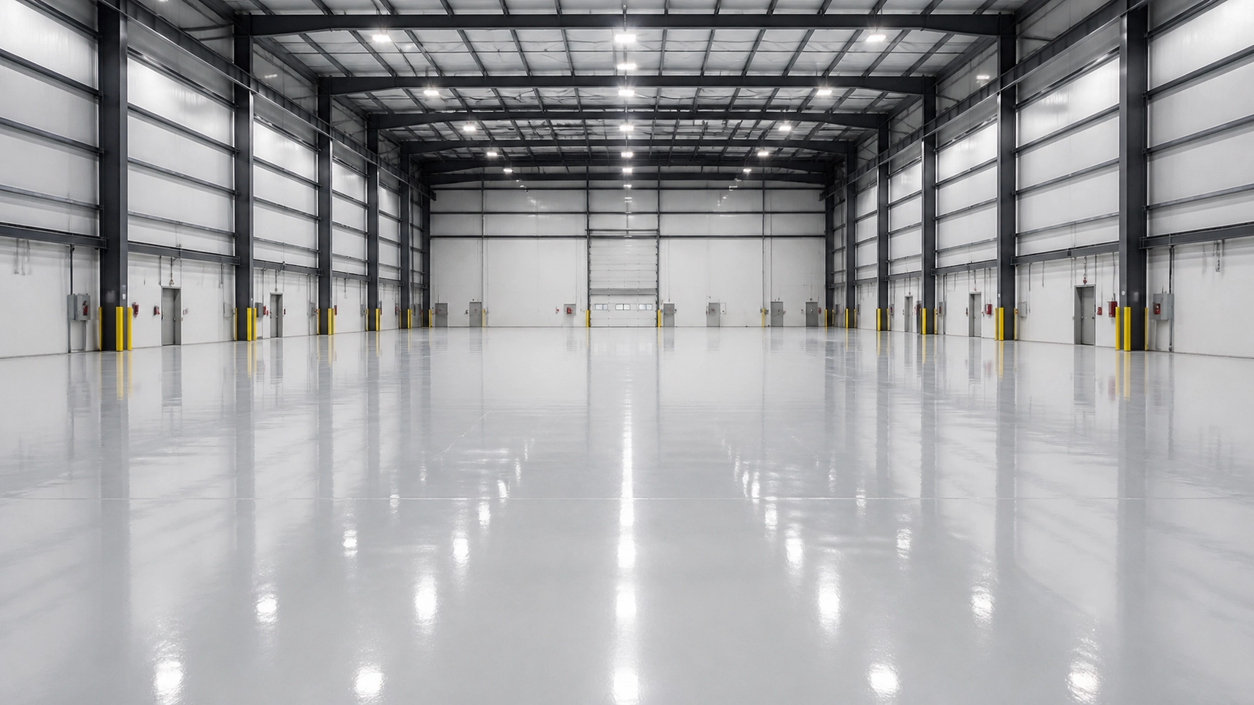 Empty industrial warehouse with polished concrete floor