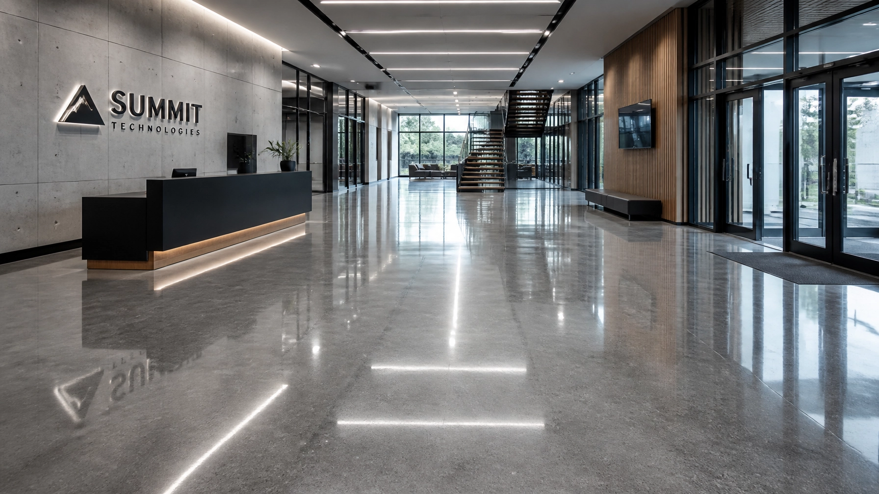 Mechanically polished concrete floor in a contemporary corporate facility with neutral gray tones