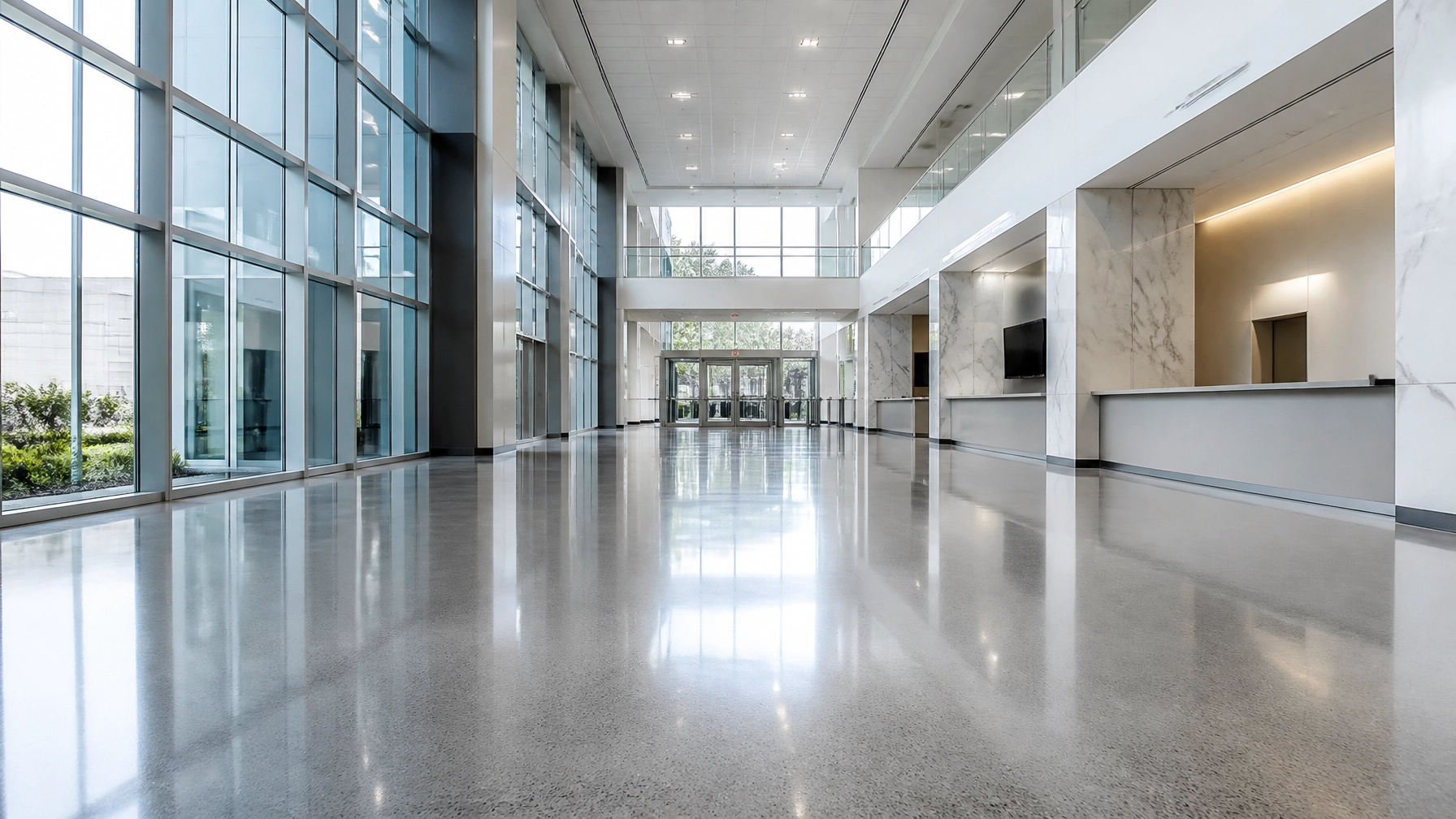 Modern office lobby with glass walls and polished floors