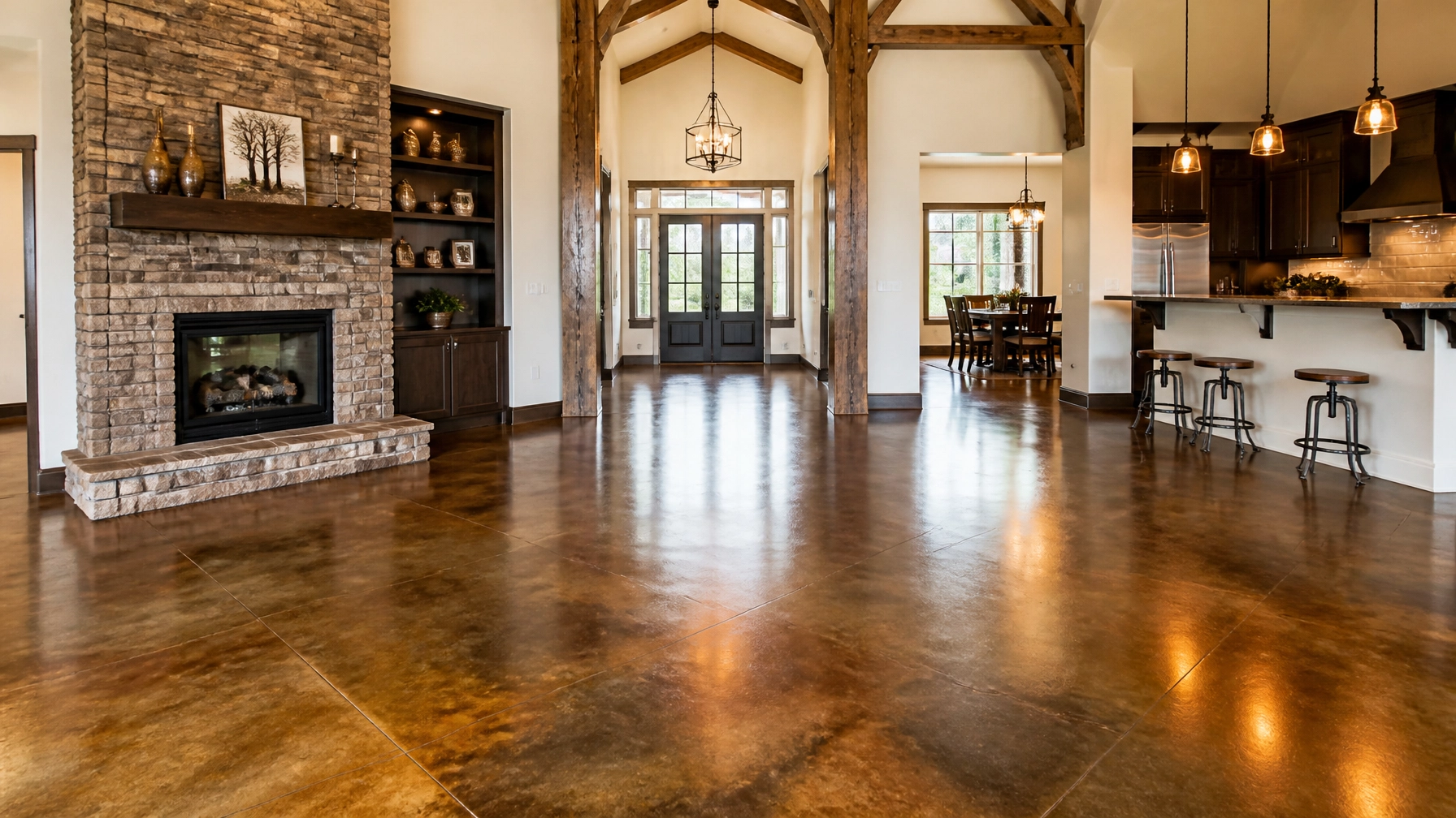 Finished stained concrete floor with rich, variegated earth tones and amber hues