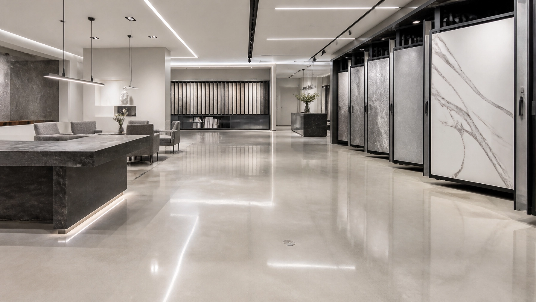 Modern marble showroom with large slab displays