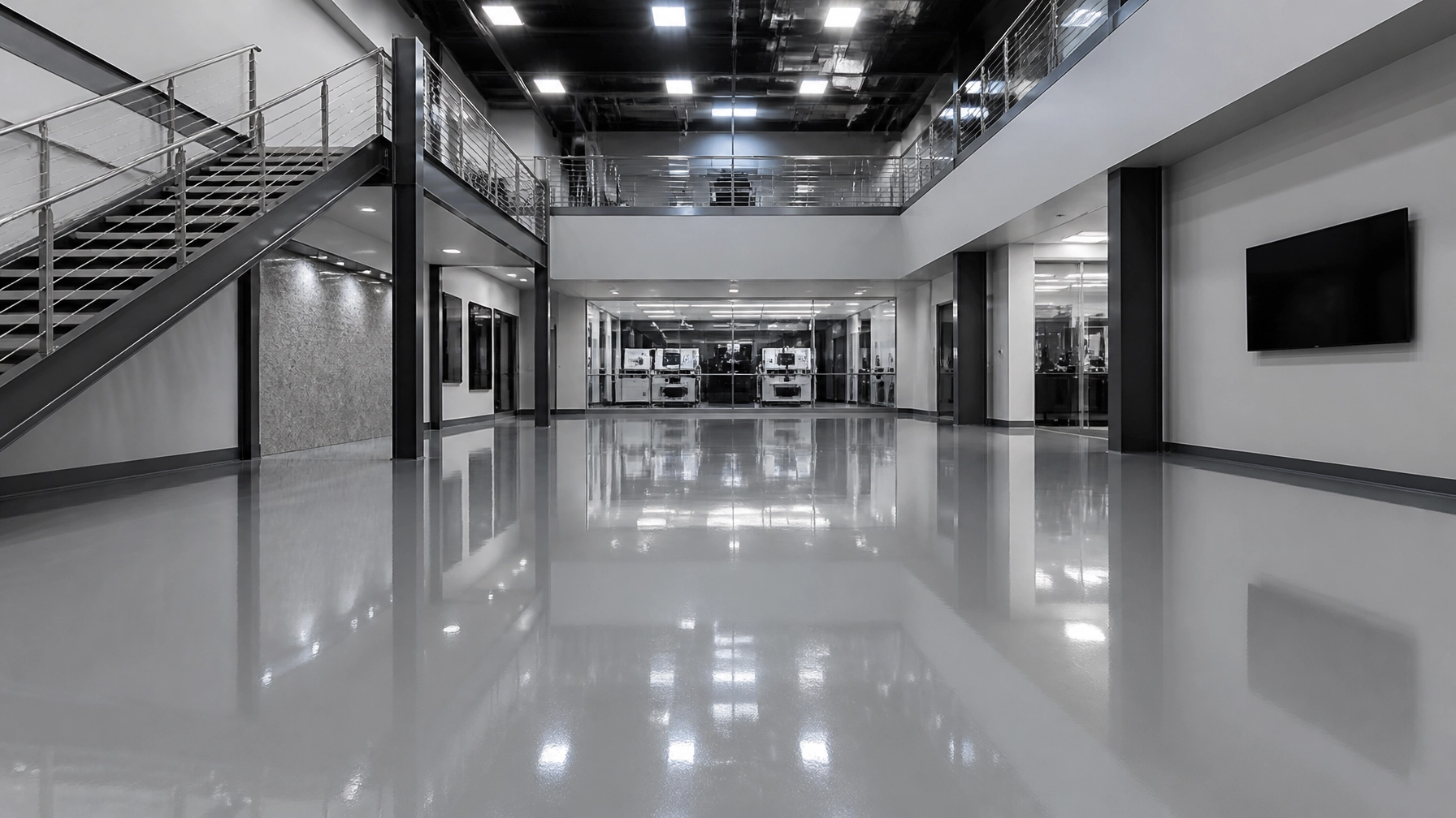 Seamless epoxy resinous floor with high gloss finish reflecting overhead lighting