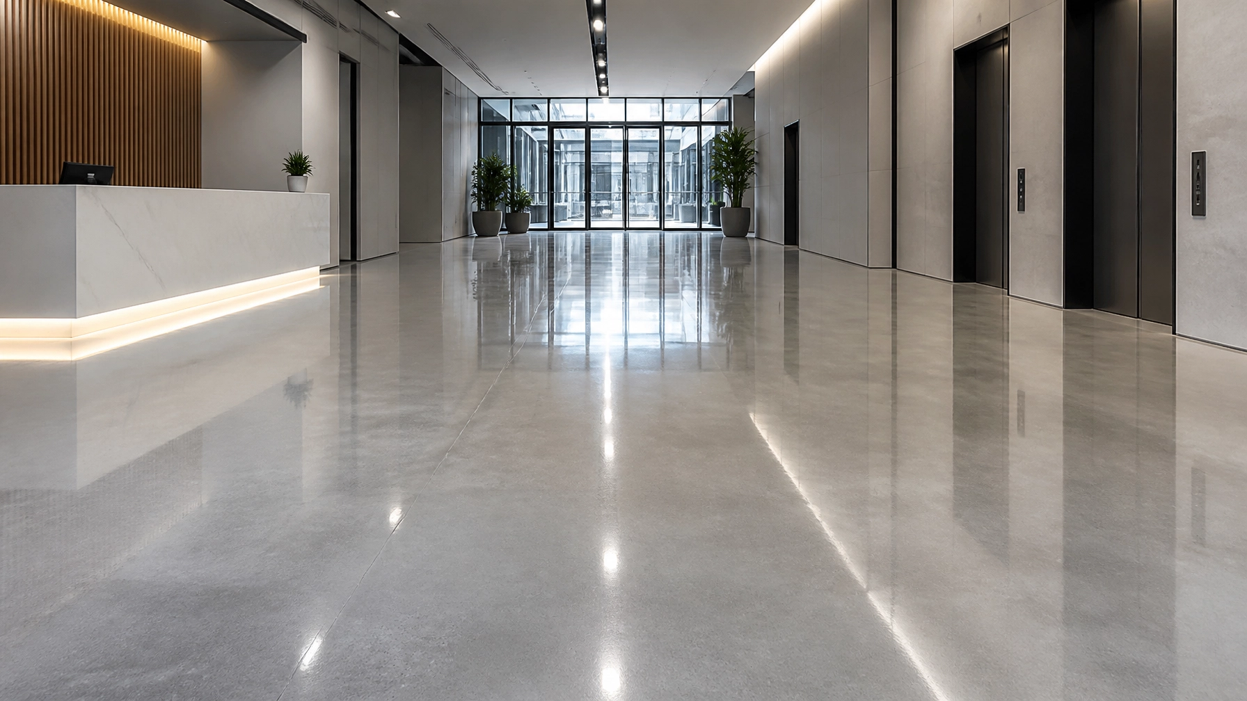 Modern office lobby with polished concrete floors