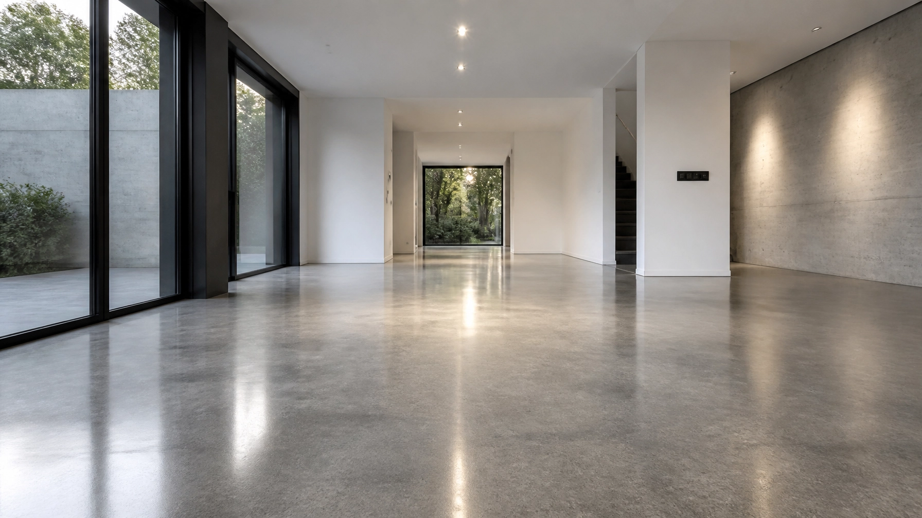 Sleek polished concrete floor inside a minimalist modern residential living space