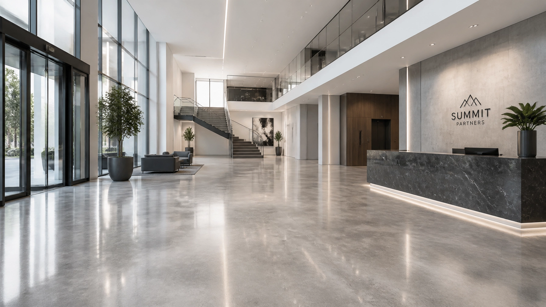 Corporate office lobby with a Level 3 polished concrete floor and semi-gloss sheen
