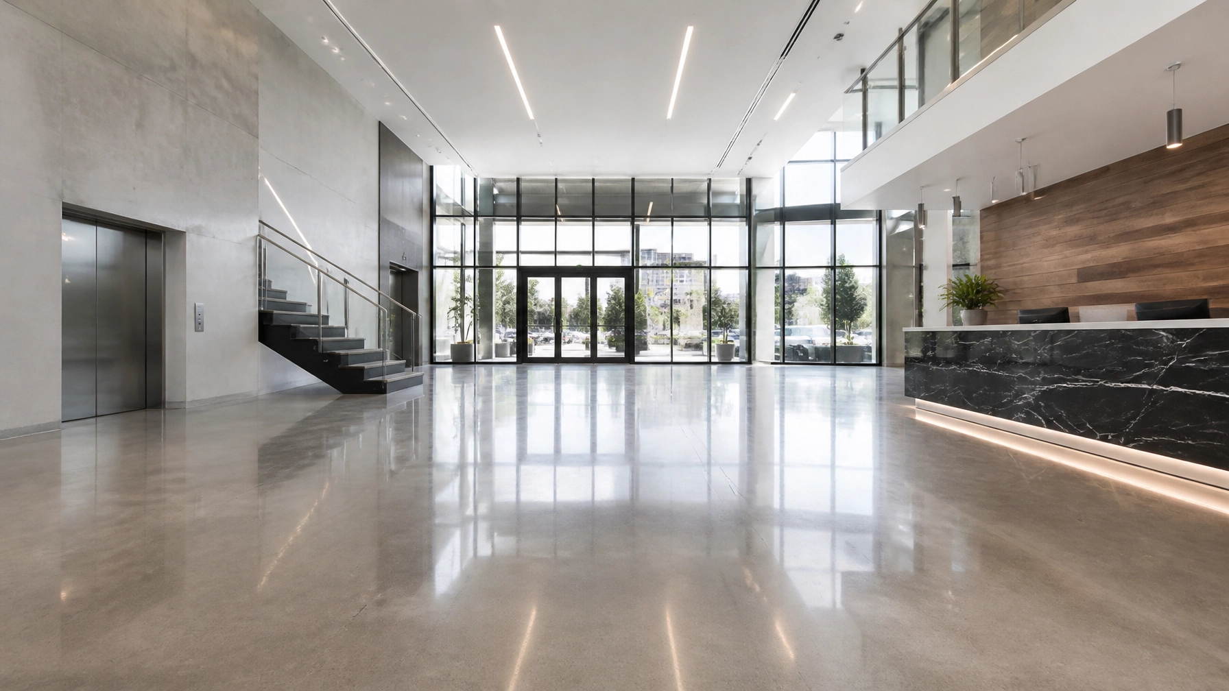 Modern office lobby with glass walls and reception desk