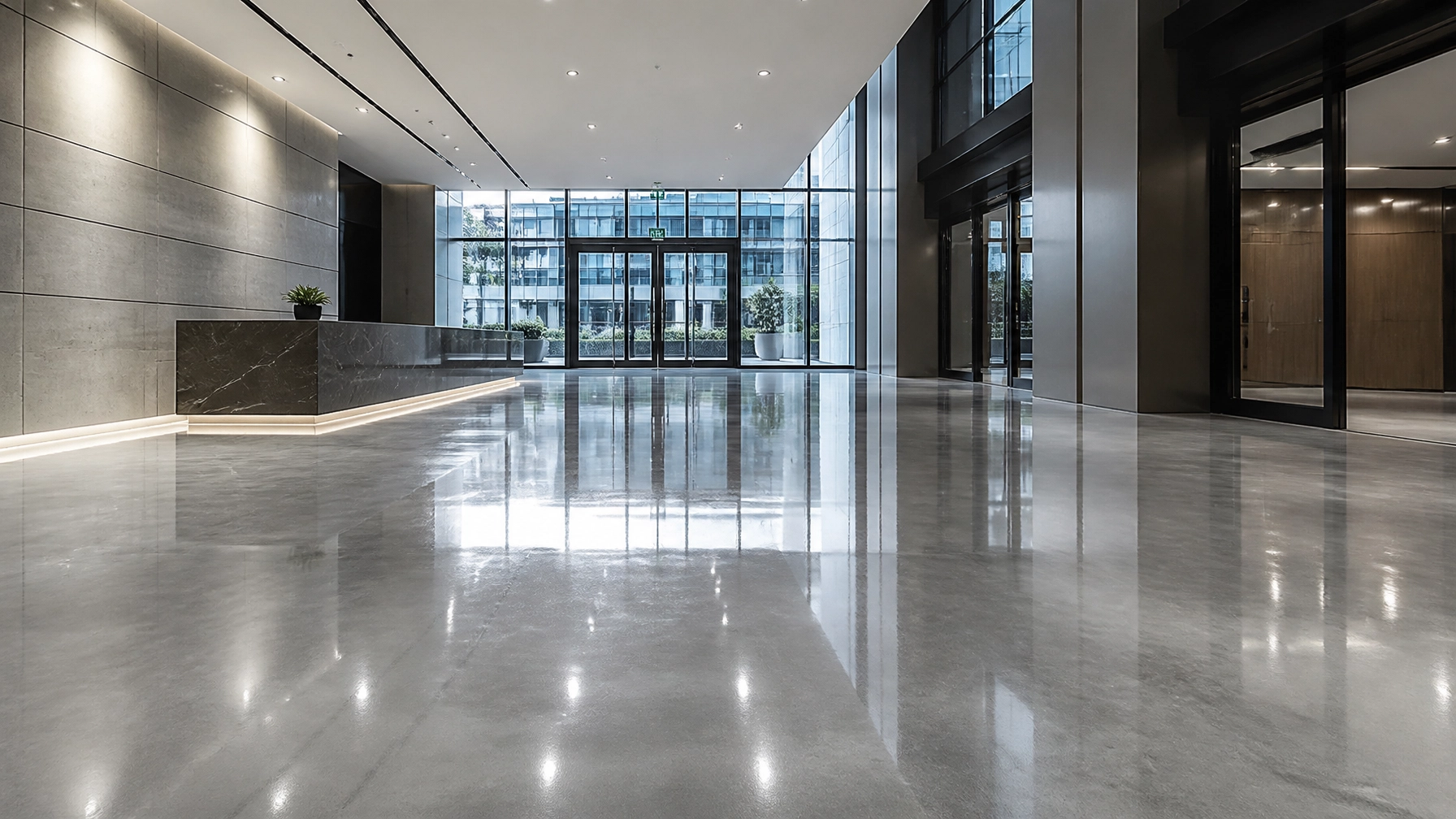 Modern office lobby with polished concrete floor