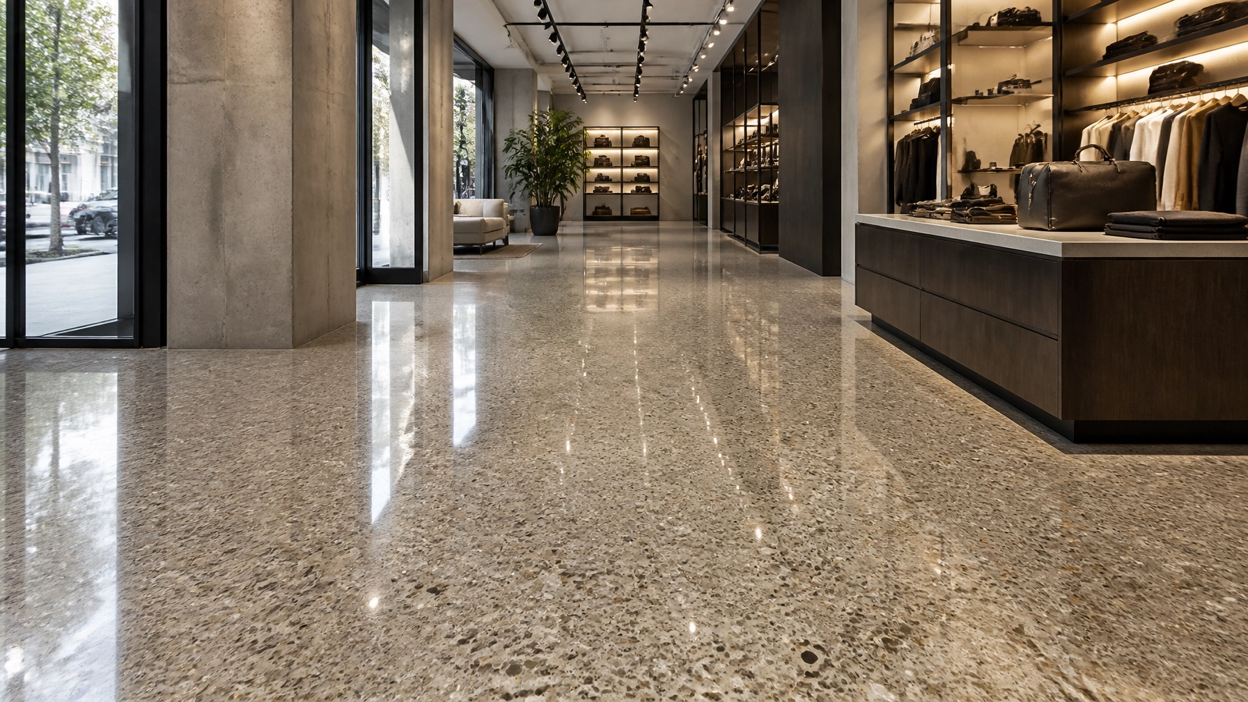 Class D large aggregate exposed polished concrete floor with a terrazzo-like appearance