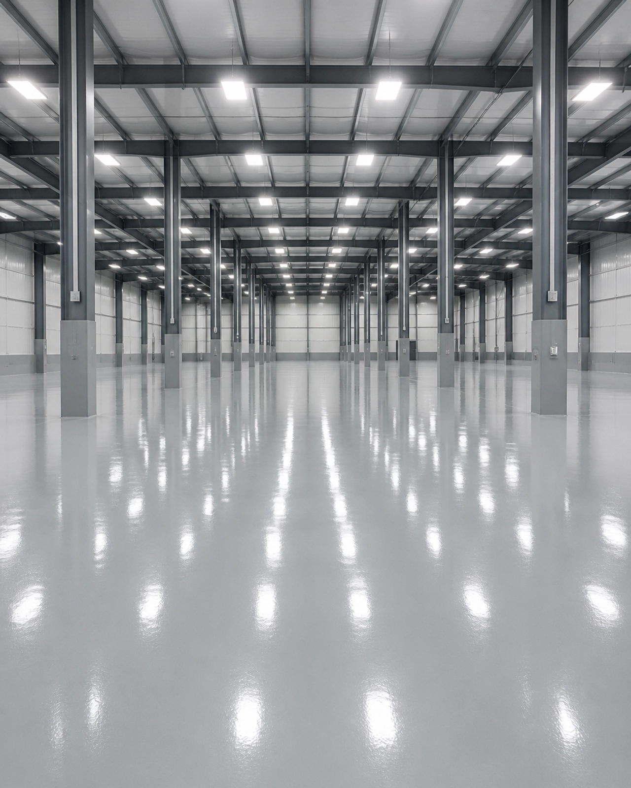 High-performance light gray epoxy resinous coating in a massive industrial warehouse