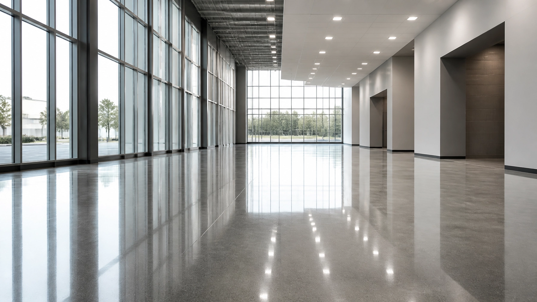 Spacious modern lobby with floor-to-ceiling windows