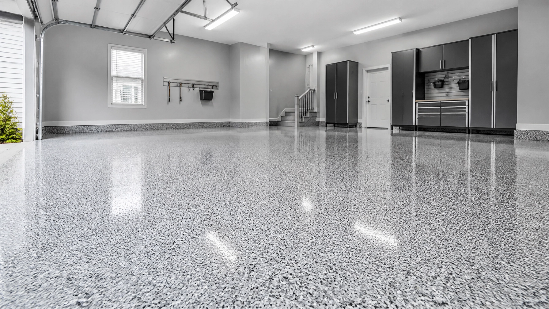 Modern garage with glossy epoxy floor coating