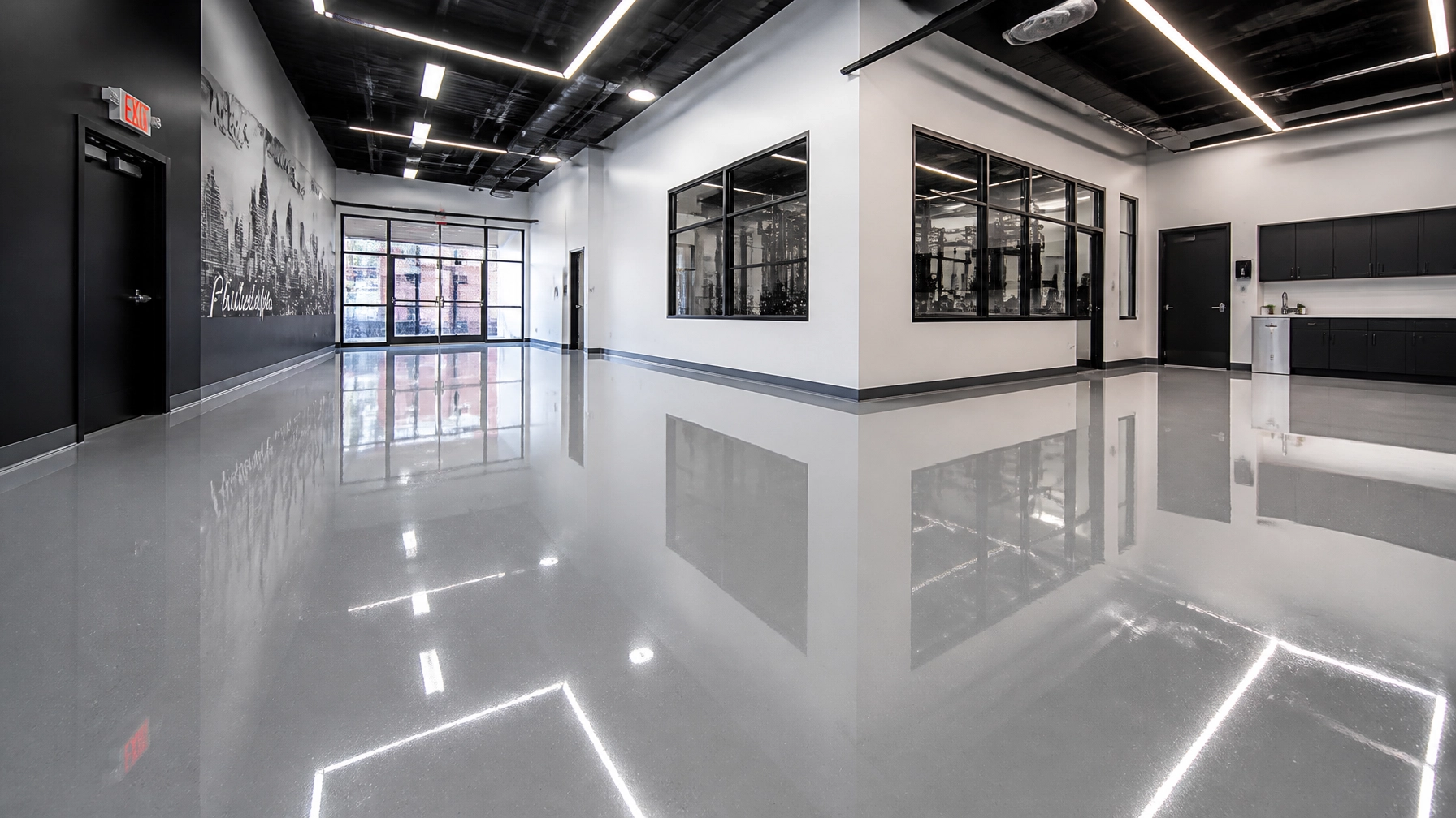 Modern commercial hallway with polished epoxy floors