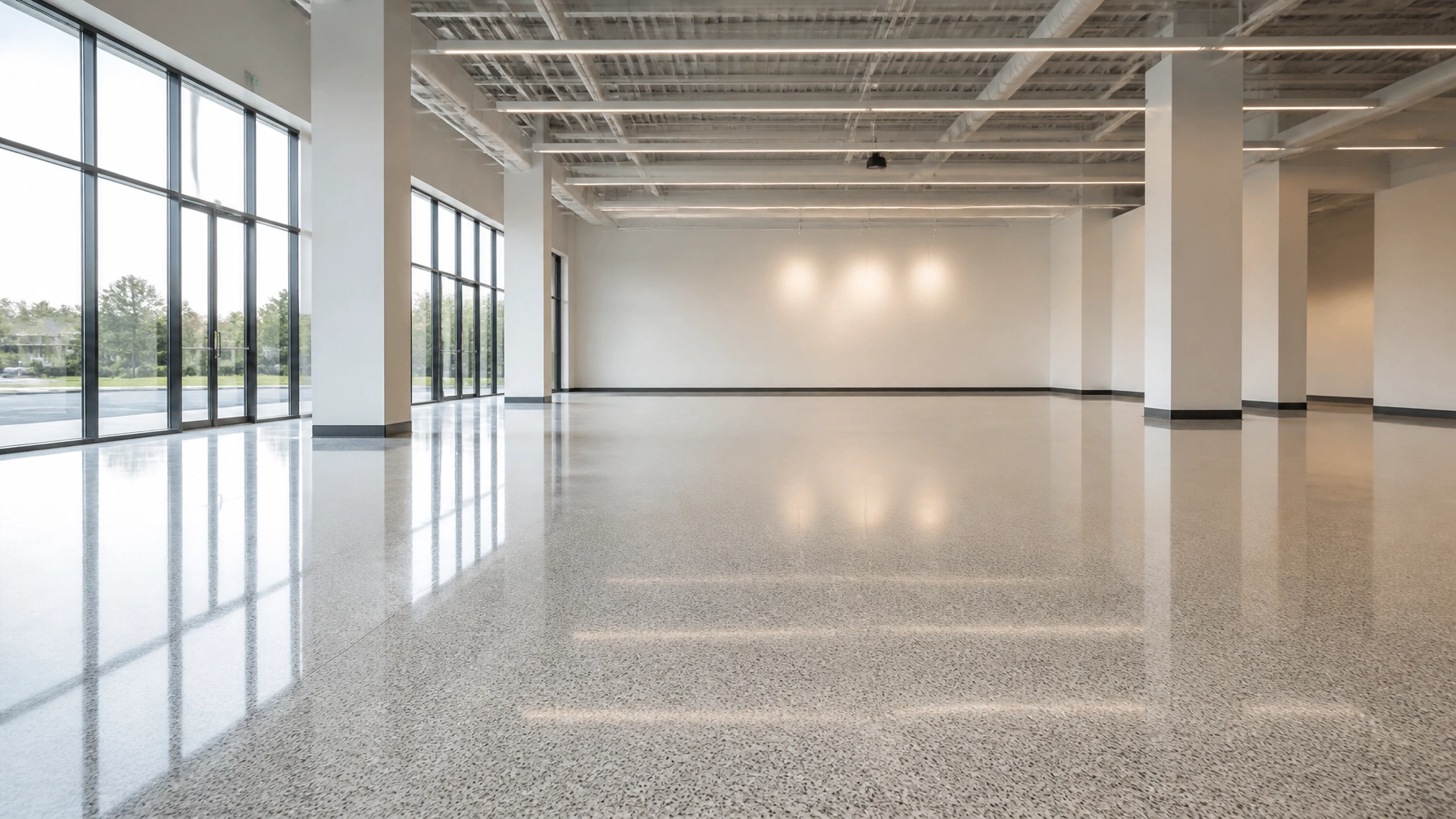 Commercial retail epoxy resin floor with pristine reflective surface