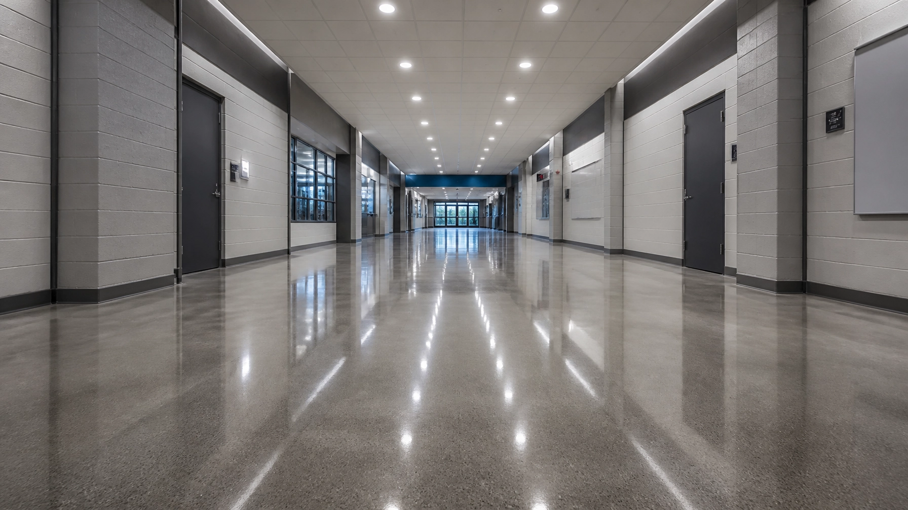 Polished concrete floor in a modern public educational facility corridor