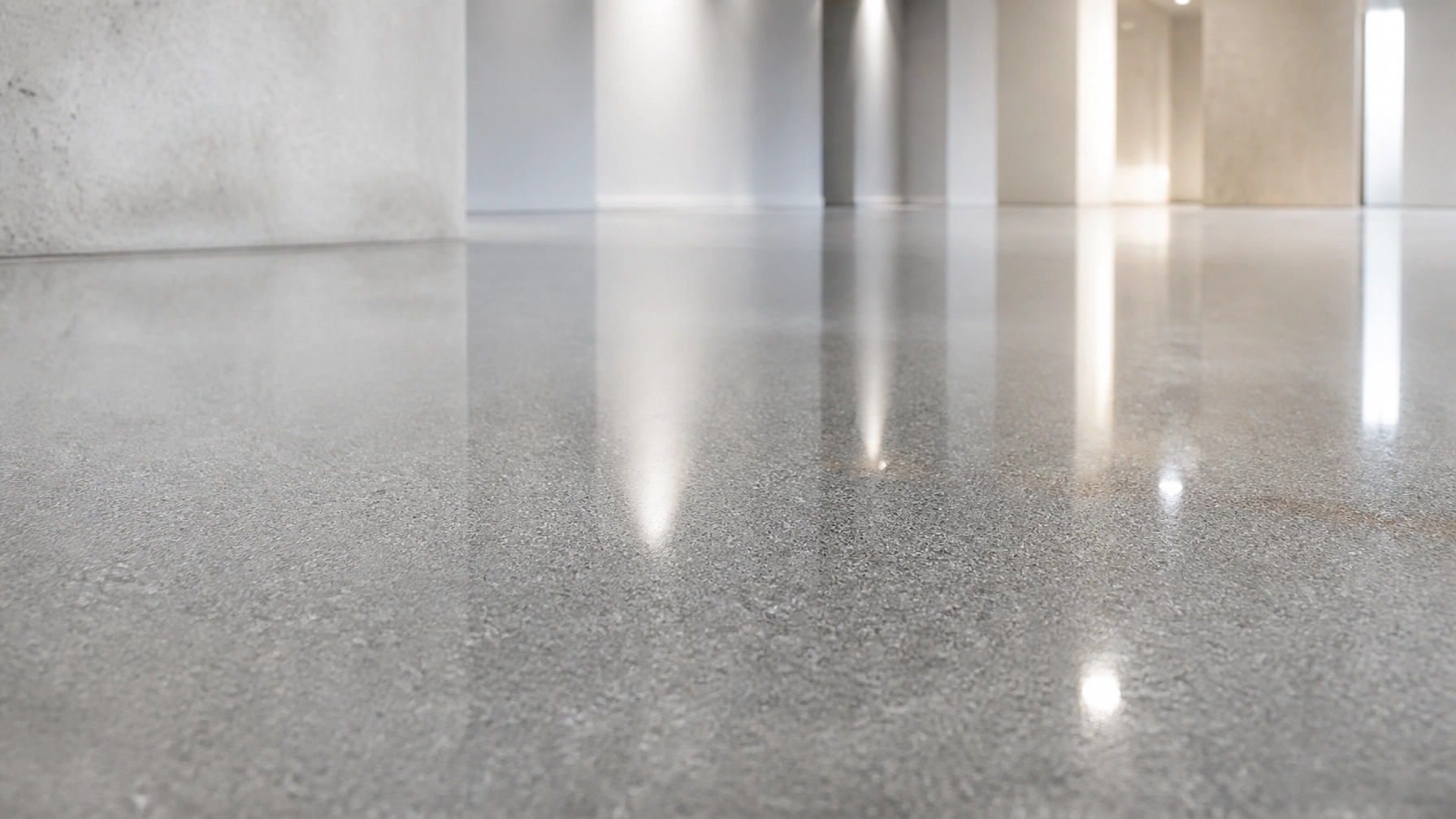 Macro architectural photography of a polished concrete floor's tight matrix