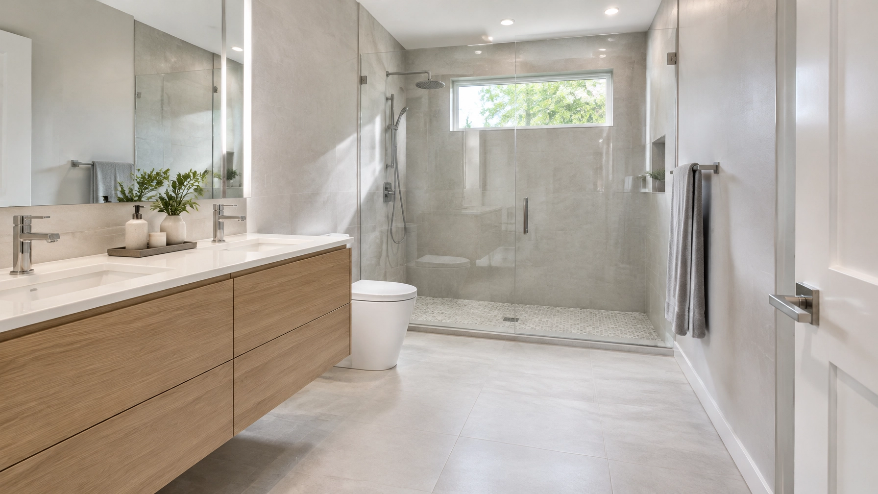 Modern bathroom with wood vanity and glass walk-in shower