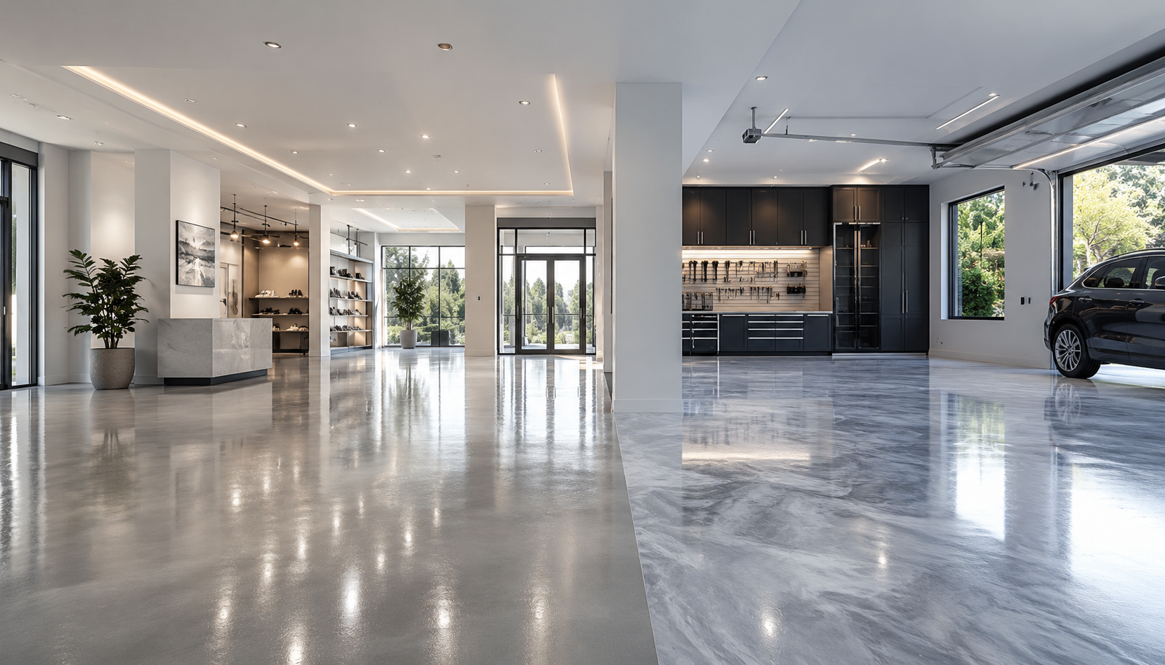 Modern luxury garage showroom with polished floors and black cabinetry