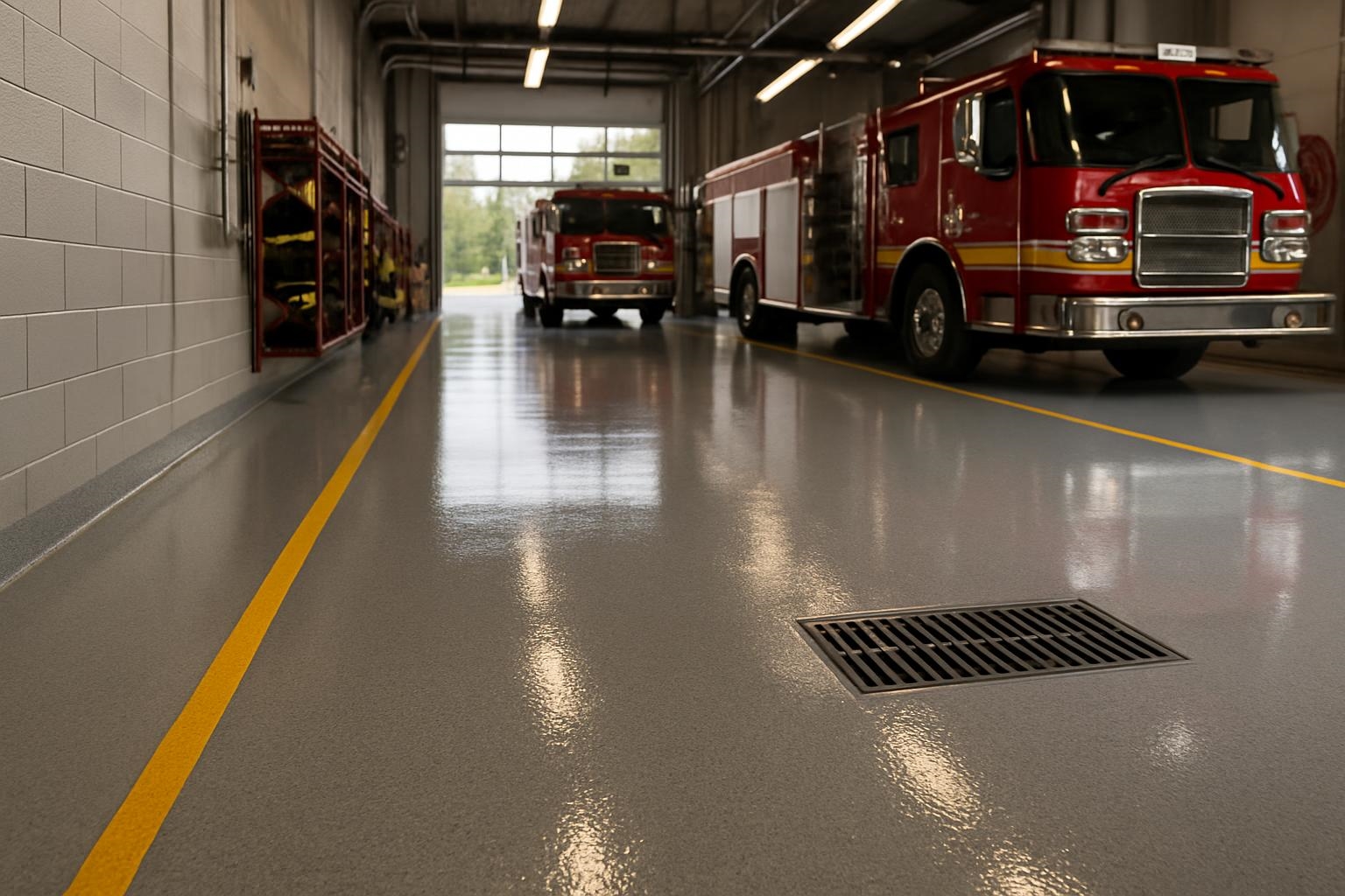 Epoxy floor in fire station bay