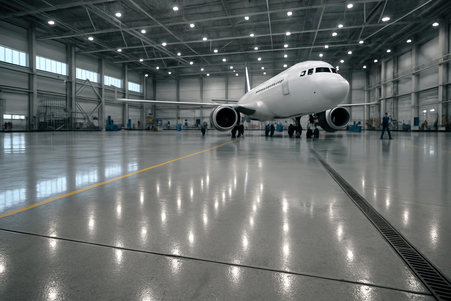 Polished concrete in aircraft hangar
