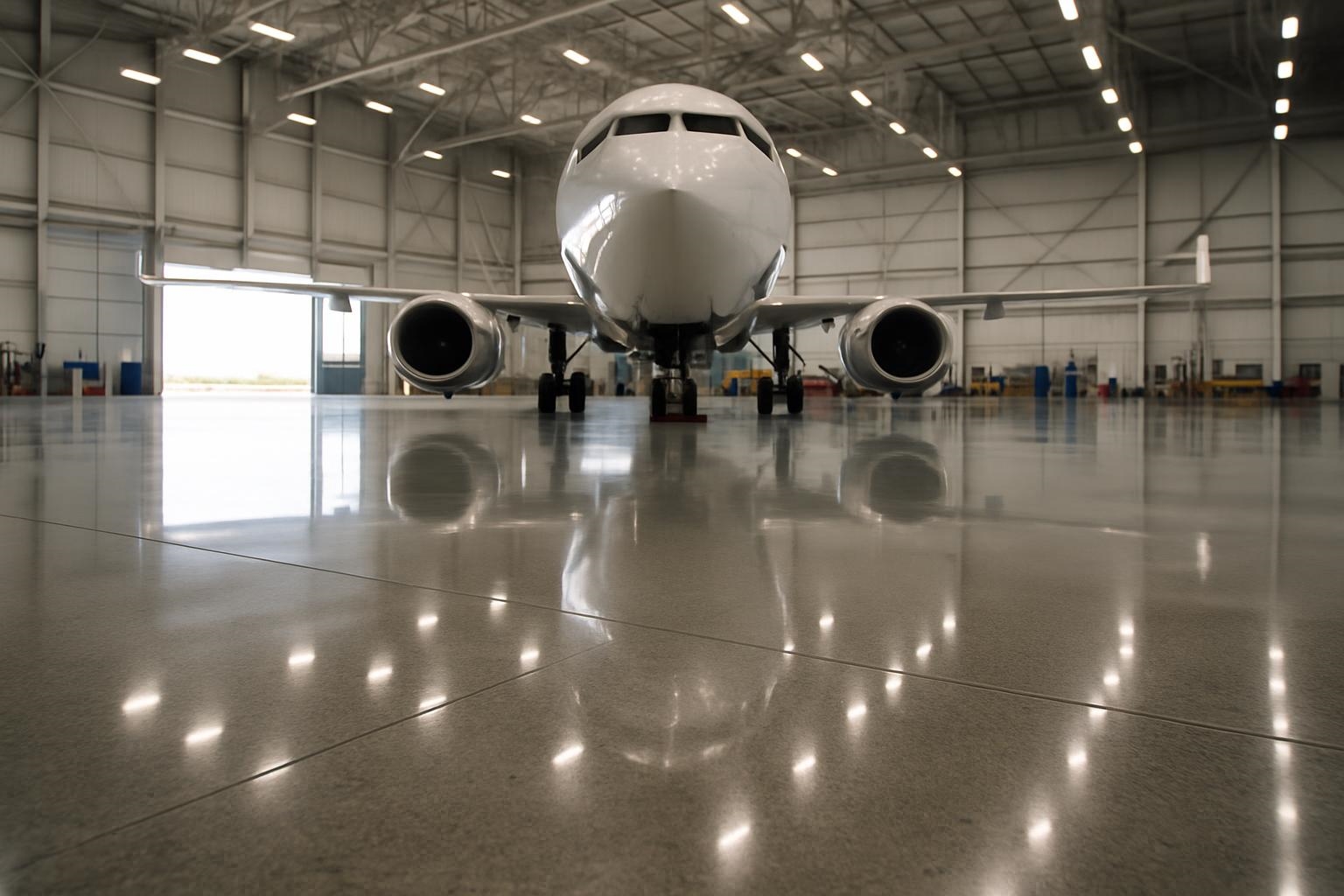 Polished concrete in aircraft hangar