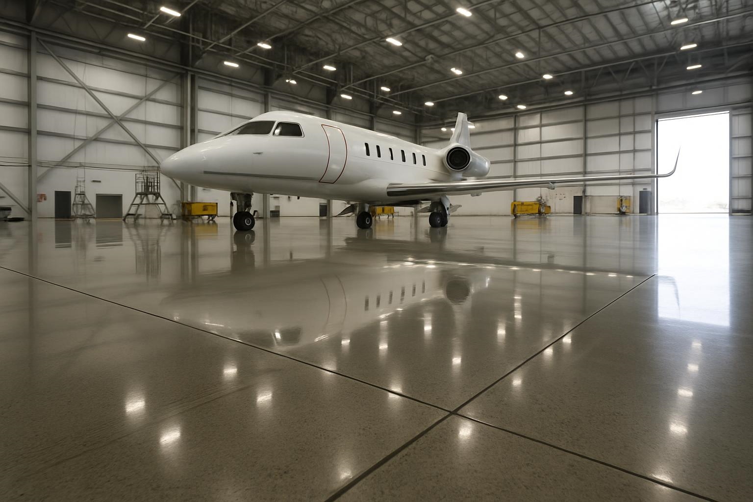 Polished concrete in aircraft hangar