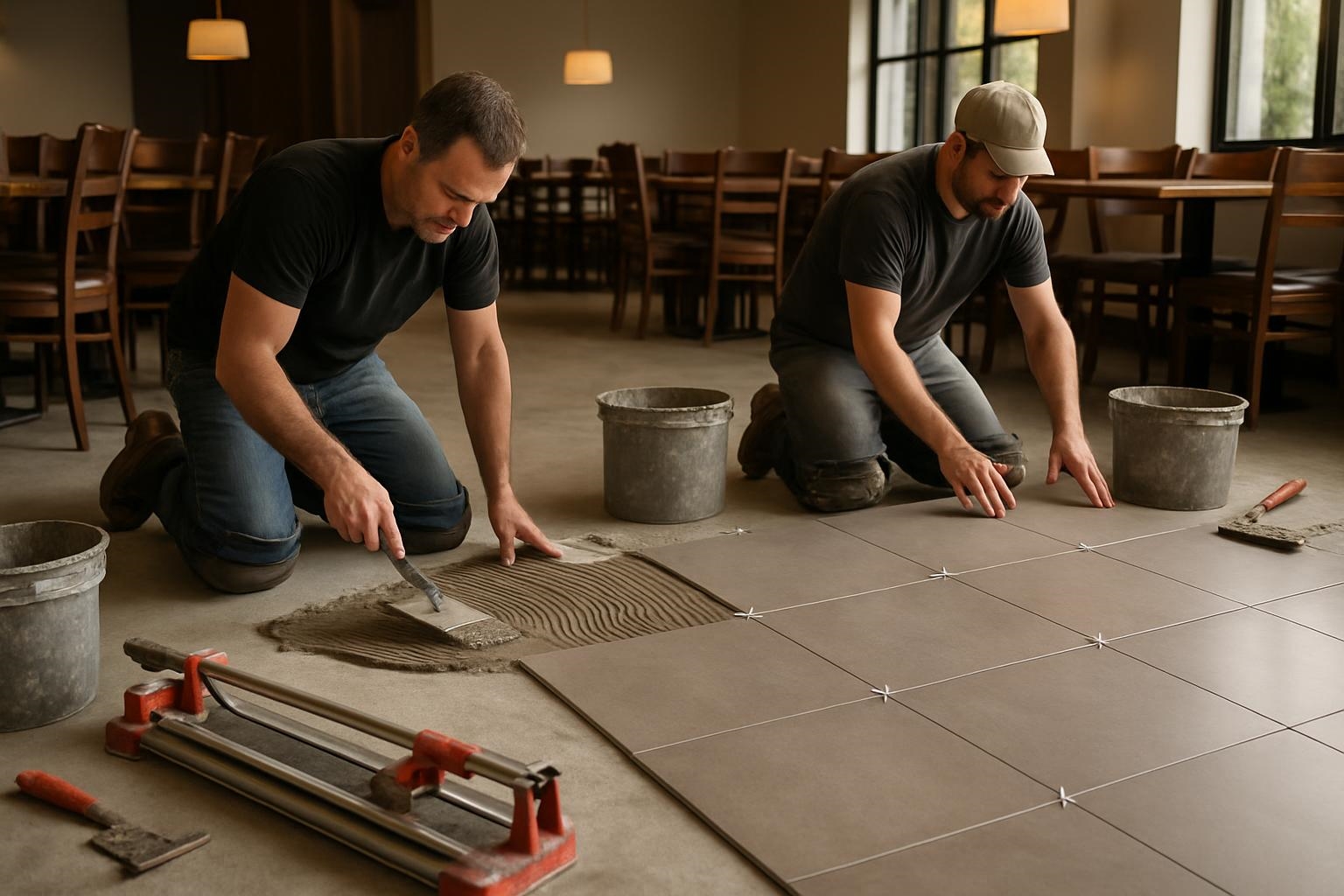 Tile installation in restaurant dining room