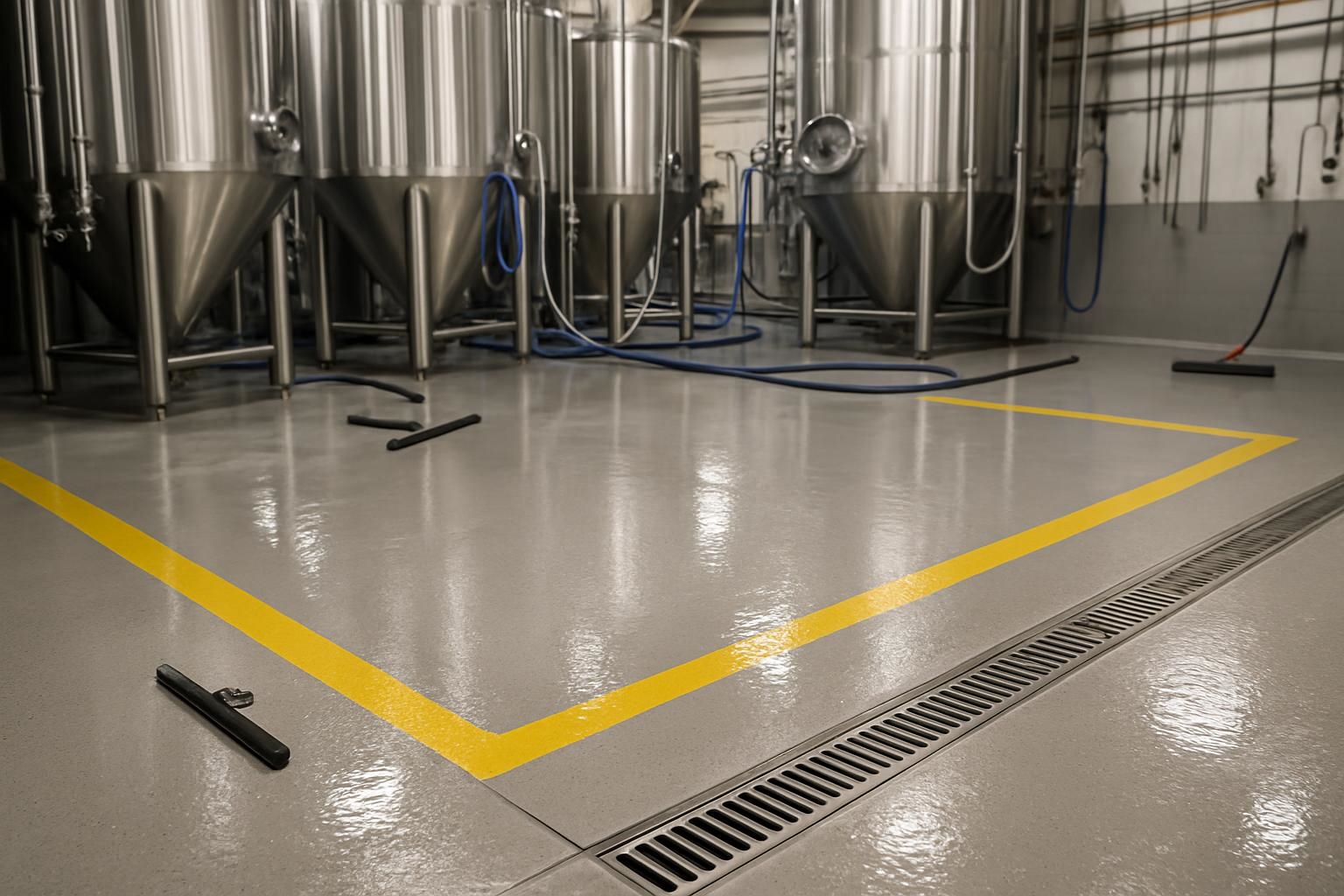 Washdown floor in brewery production area