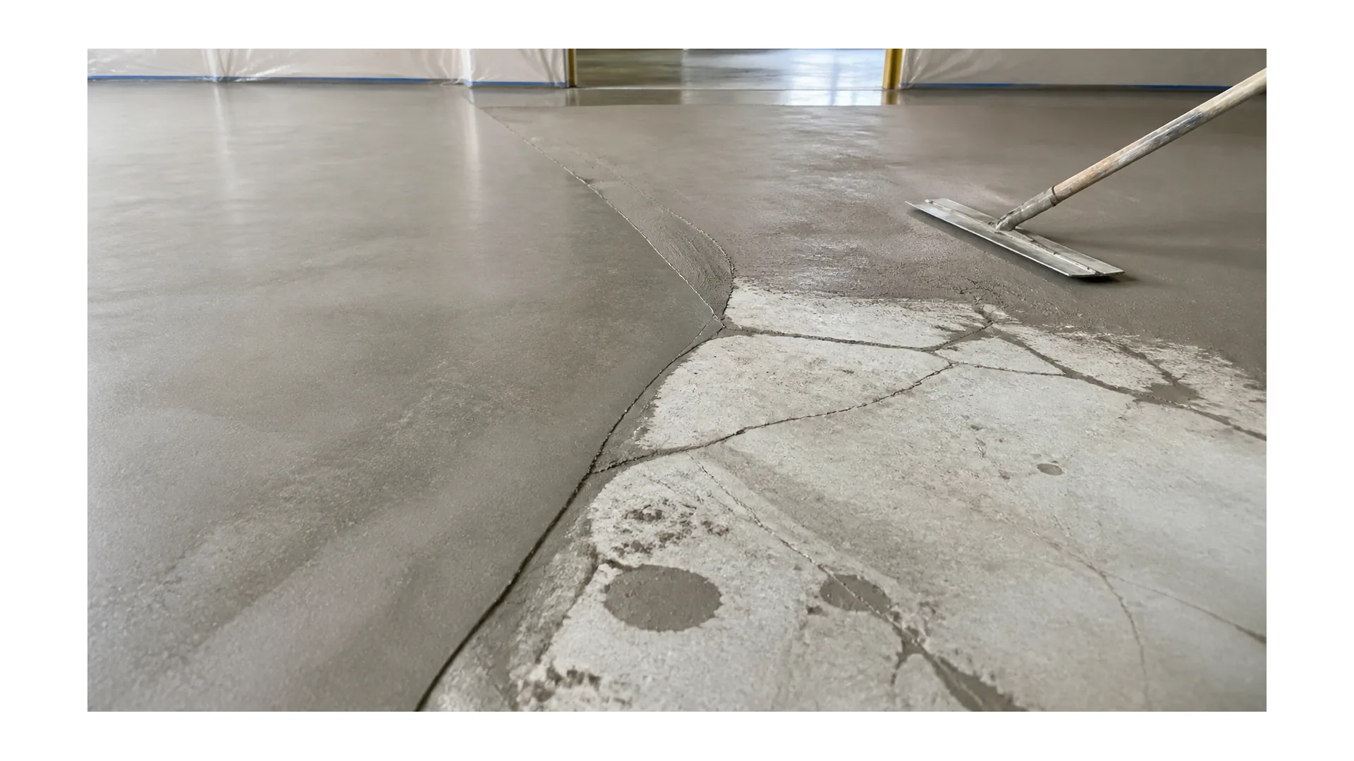 Concrete resurfacing in progress with cracked slab repair transitioning into a smooth overlay