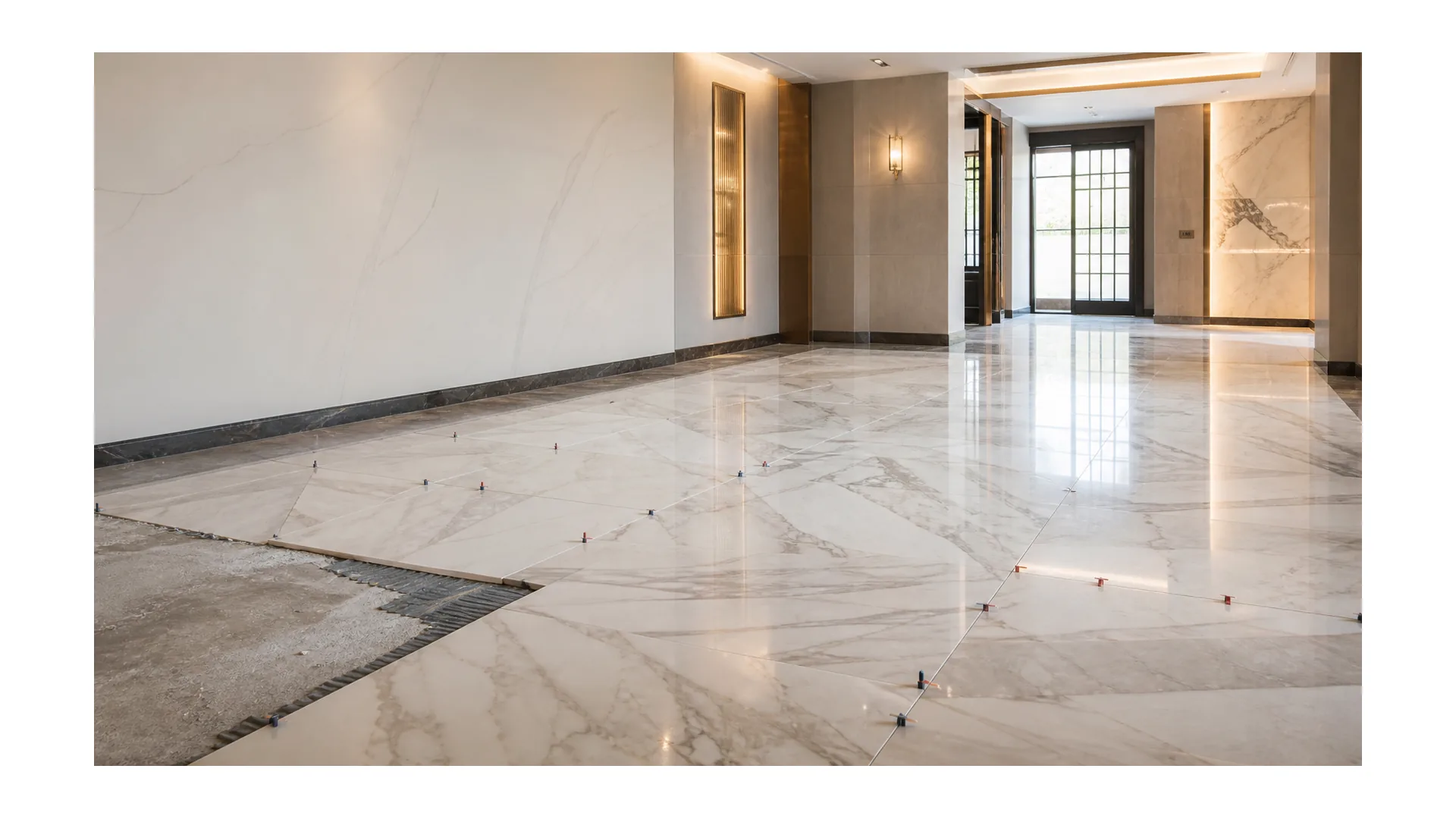 Marble floor installation in progress with large stone tiles and leveling clips