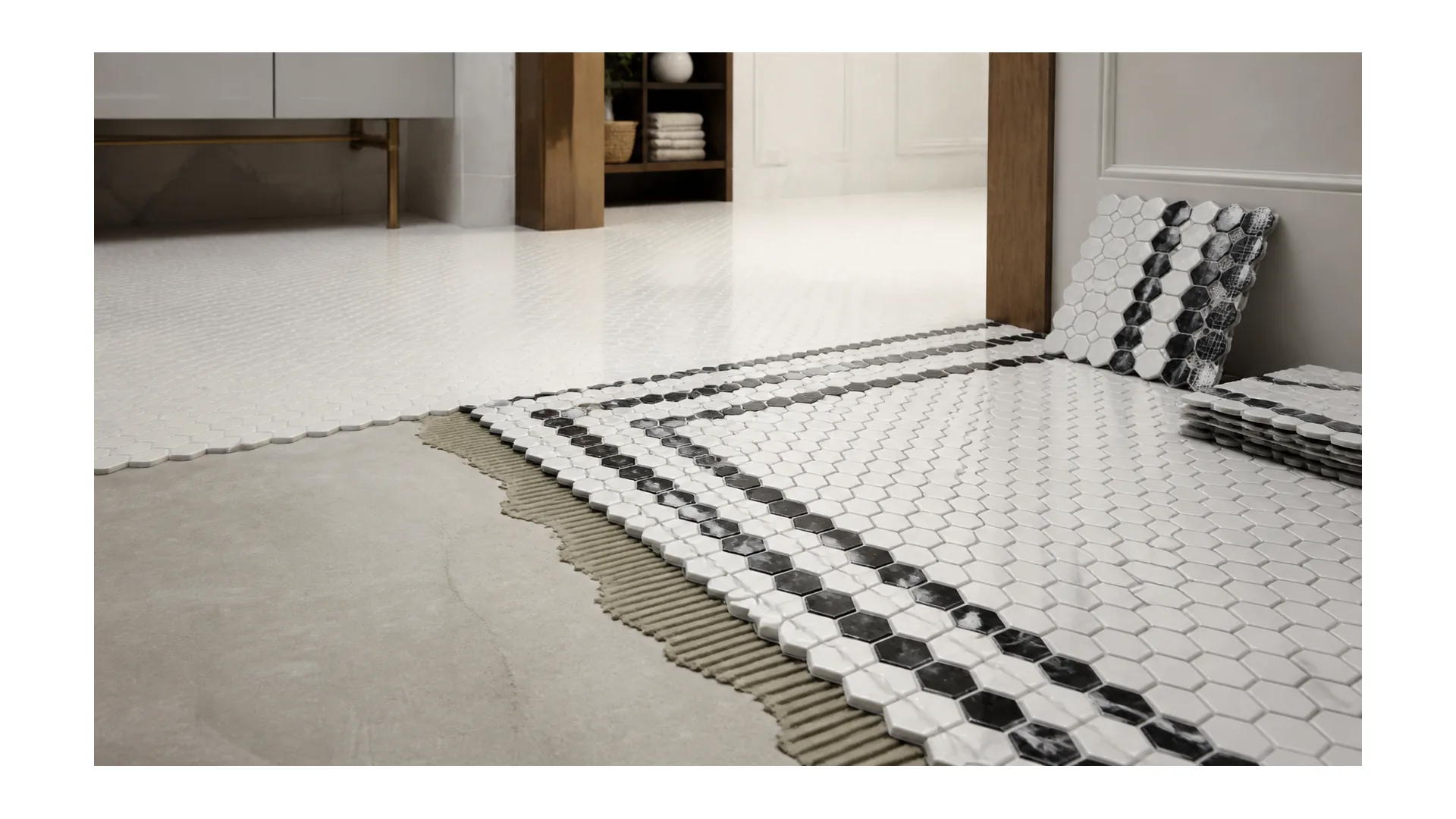 Mosaic tile floor installation in progress with sheet layout and thinset detail