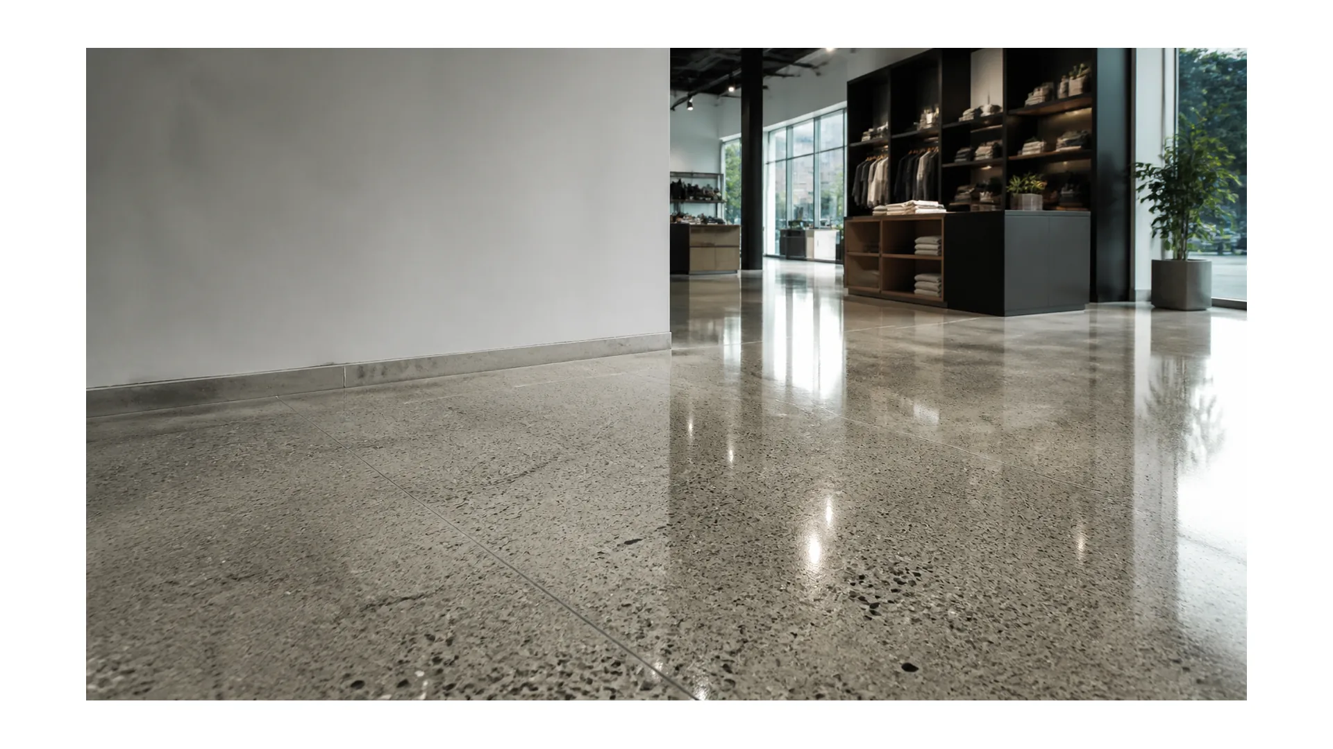 Polished concrete floor with exposed aggregate in a bright retail interior