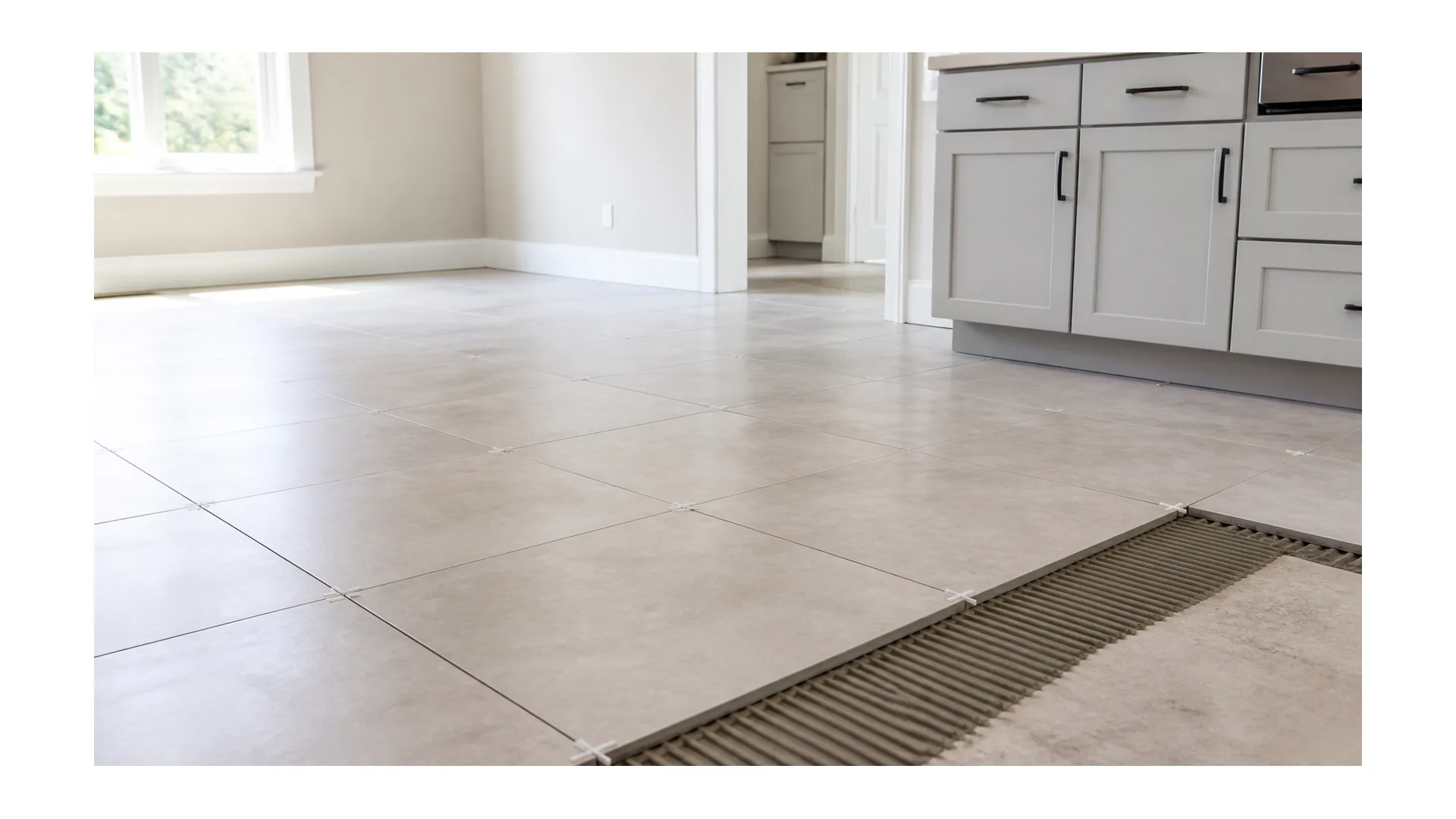 Residential porcelain tile floor installation in progress with spacers and thinset detail