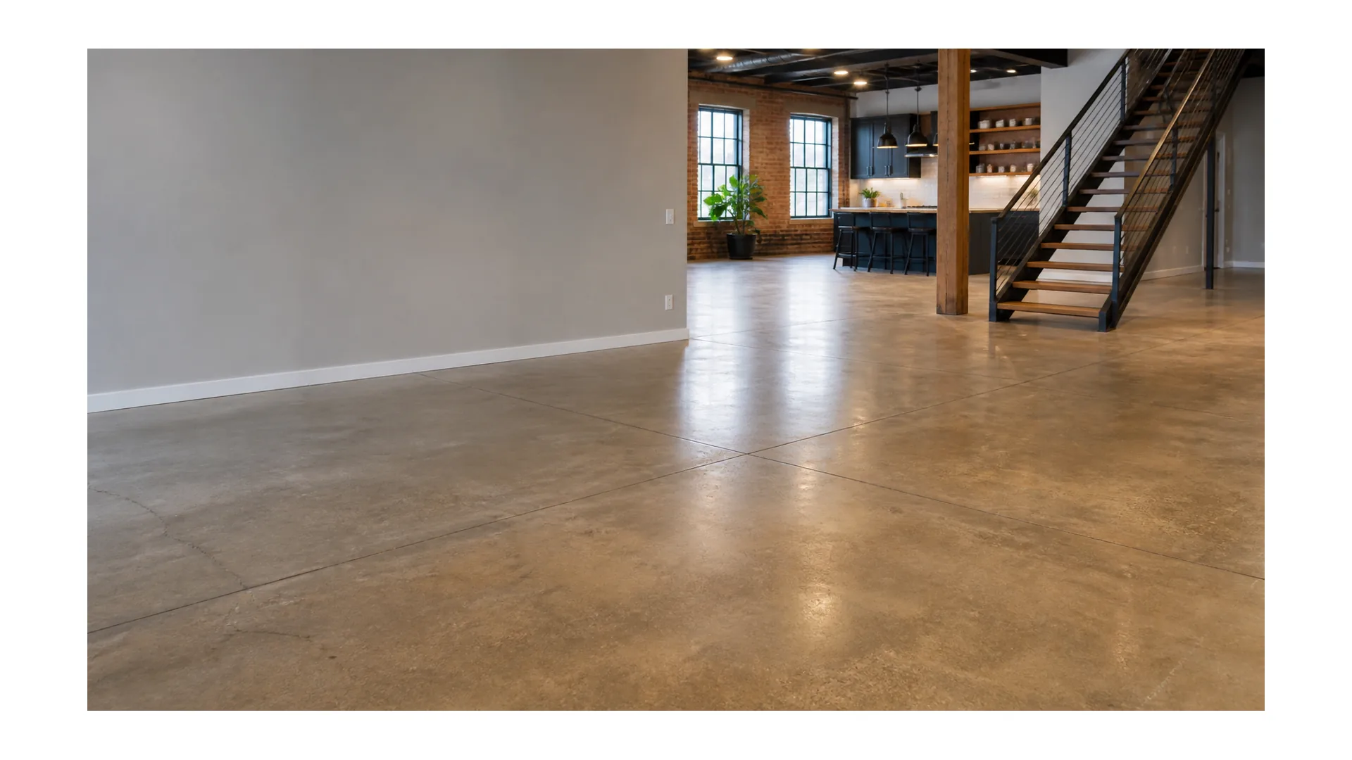 Satin sealed concrete floor in a clean mixed-use interior with visible slab character