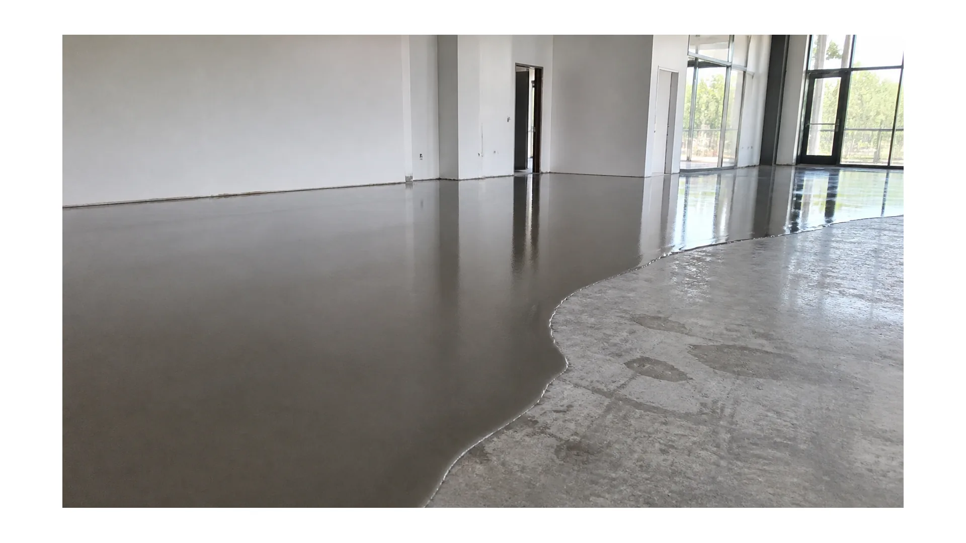 Self-leveling polished overlay flowing across an existing concrete slab in a renovation space