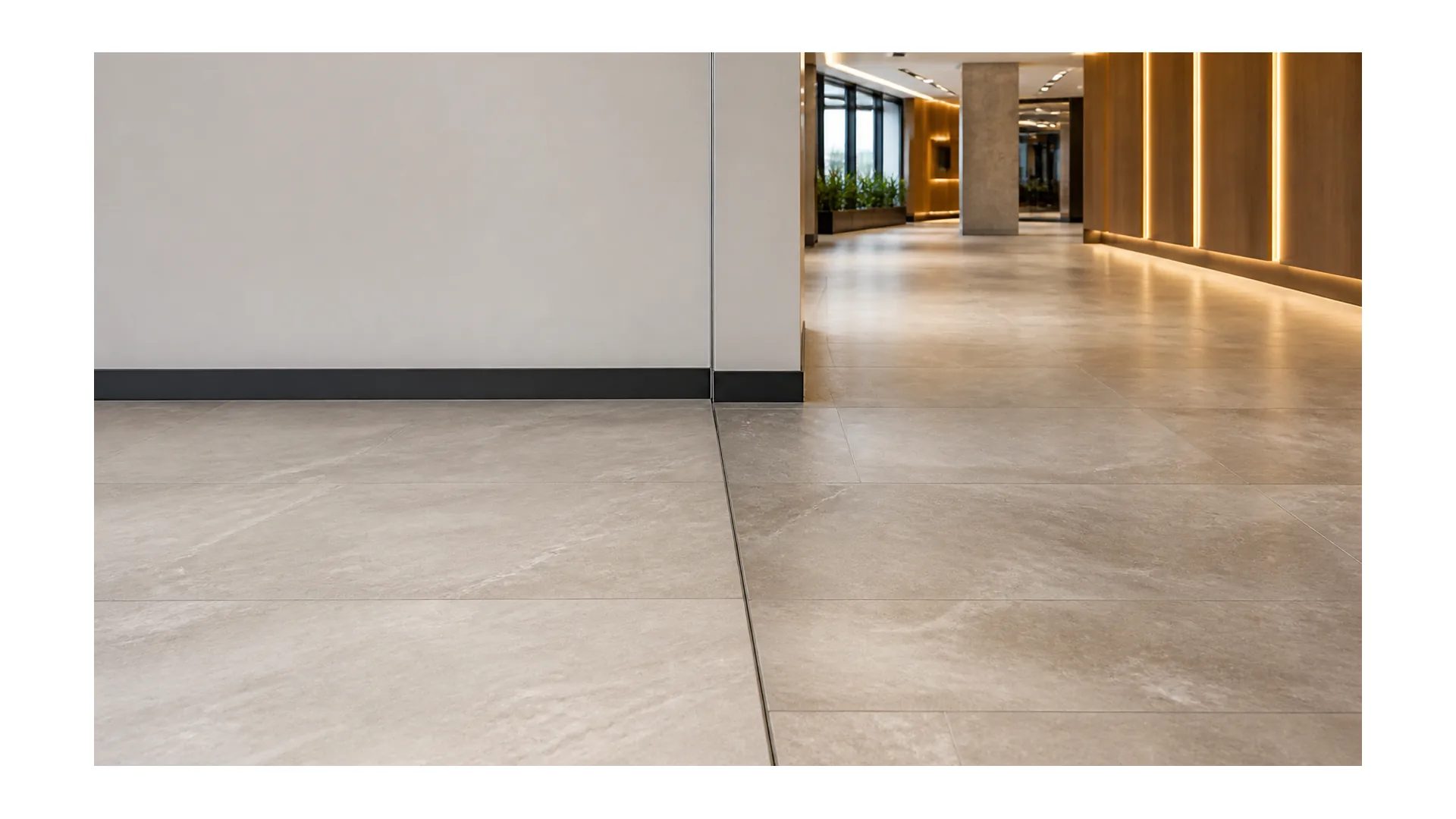 Finished large format tile flooring in a bright commercial interior with movement joint detail